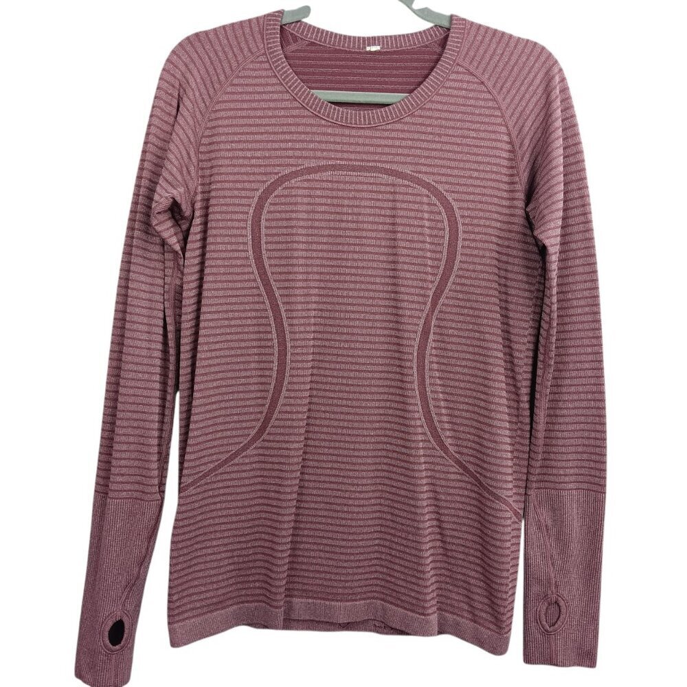 LULULEMON Swiftly Tech Long Sleeve Crew Striped Heathered Bordeaux Drama Size 10 - Picture 2 of 5